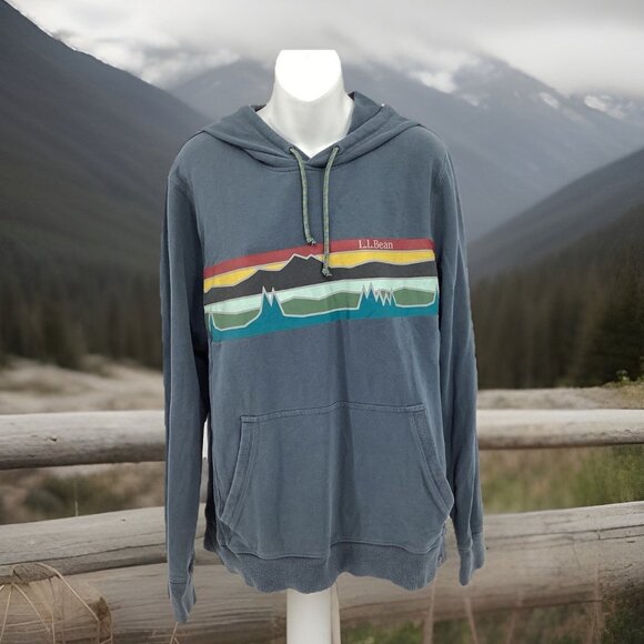 LL Bean Hoodie Mens Slightly Fitted Mountain Graphic Pullover Sweater Blue Sz M - Picture 3 of 8